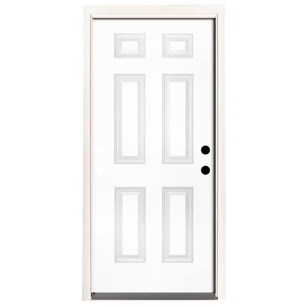 30 In. X 80 In. Element Series 6-Panel White Primed Steel Prehung Front Door Left-Hand Inswing with 6-9/16 In. Frame