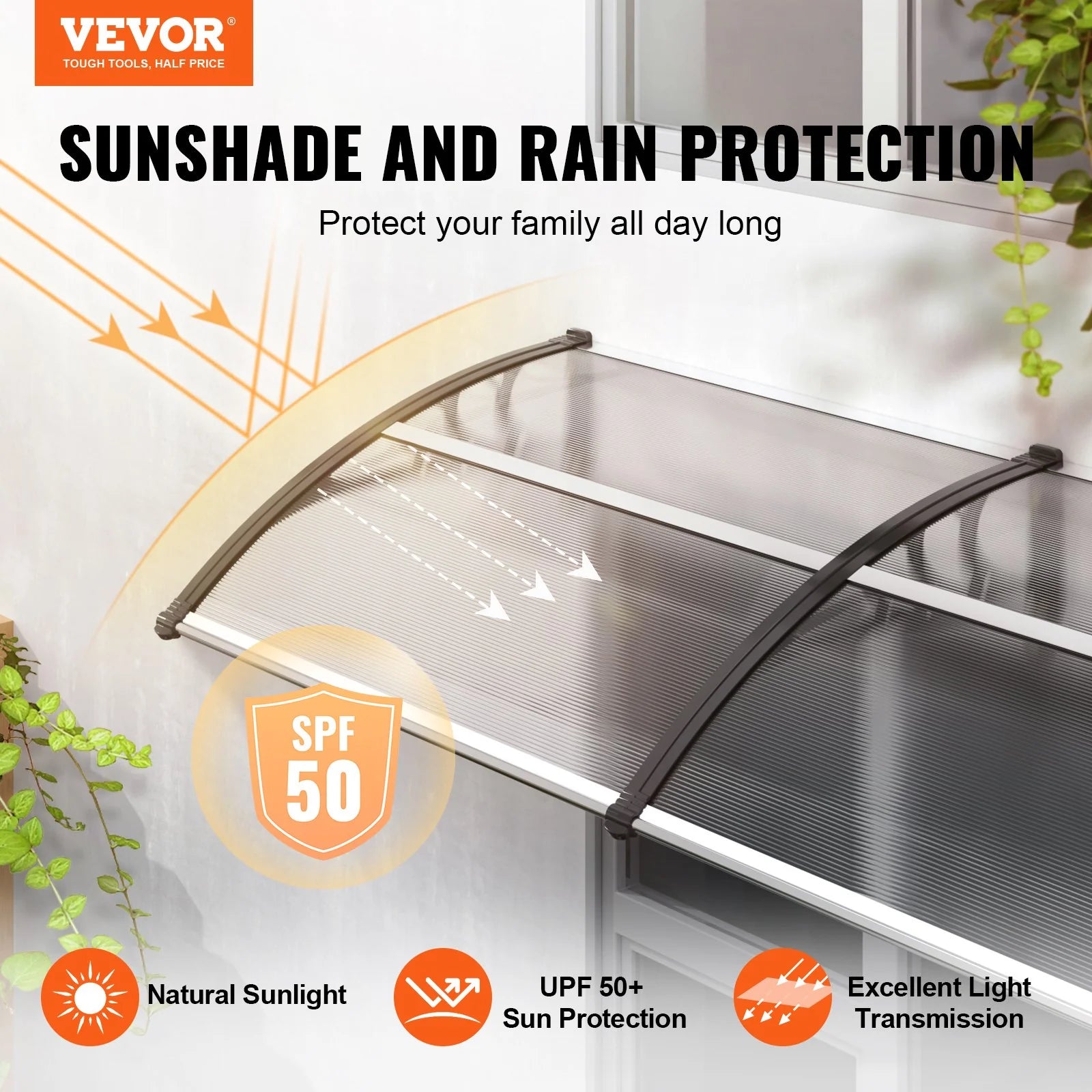 VEVOR Window Door Awning Canopy 40" X 40", UPF 50+ Polycarbonate Entry Door Outdoor Window Awning Exterior, Front Door Overhang Awning for Sun Shutter, UV, Rain, Snow Protection, Hollow Sheet