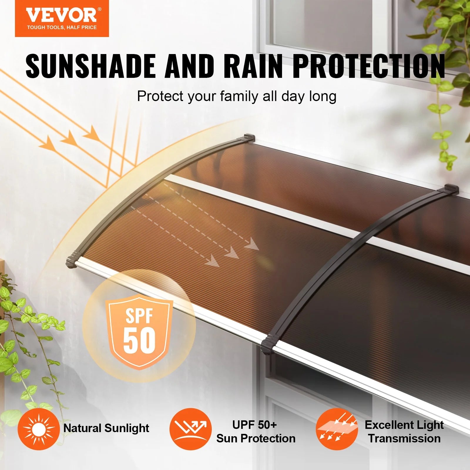 VEVOR Window Door Awning Canopy 80" X 40", UPF 50+ Polycarbonate Entry Door Outdoor Window Awning Exterior, Front Door Overhang Awning for Sun Shutter, UV, Rain, Snow Protection, Hollow Sheet