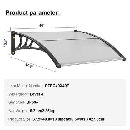 VEVOR Window Door Awning Canopy 40" X 40", UPF 50+ Polycarbonate Entry Door Outdoor Window Awning Exterior, Front Door Overhang Awning for Sun Shutter, UV, Rain, Snow Protection, Hollow Sheet