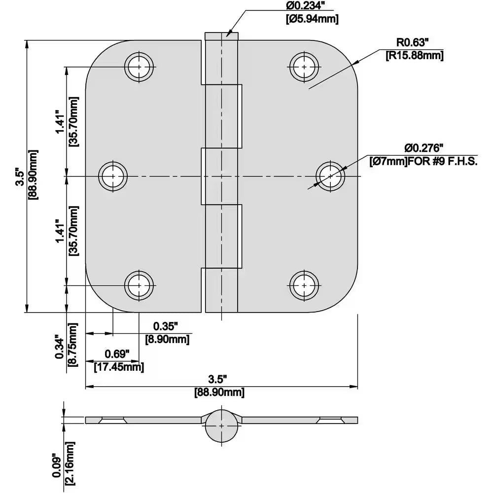 3-1/2 In. X 5/8 In. Radius Bright Brass Squeak-Free Door Hinge