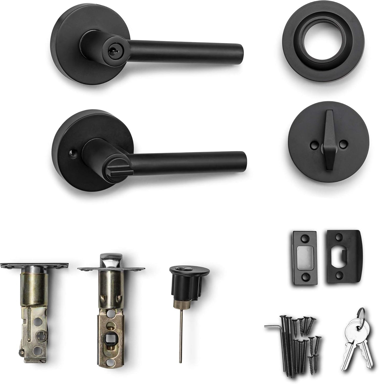 Entry Lever Door Handle and Single Cylinder Deadbolt Lock and Key Sleek round Locking Lever Handle Set [Front Door or Office] Right & Left Sided Doors Heavy Duty – Iron Black Finish