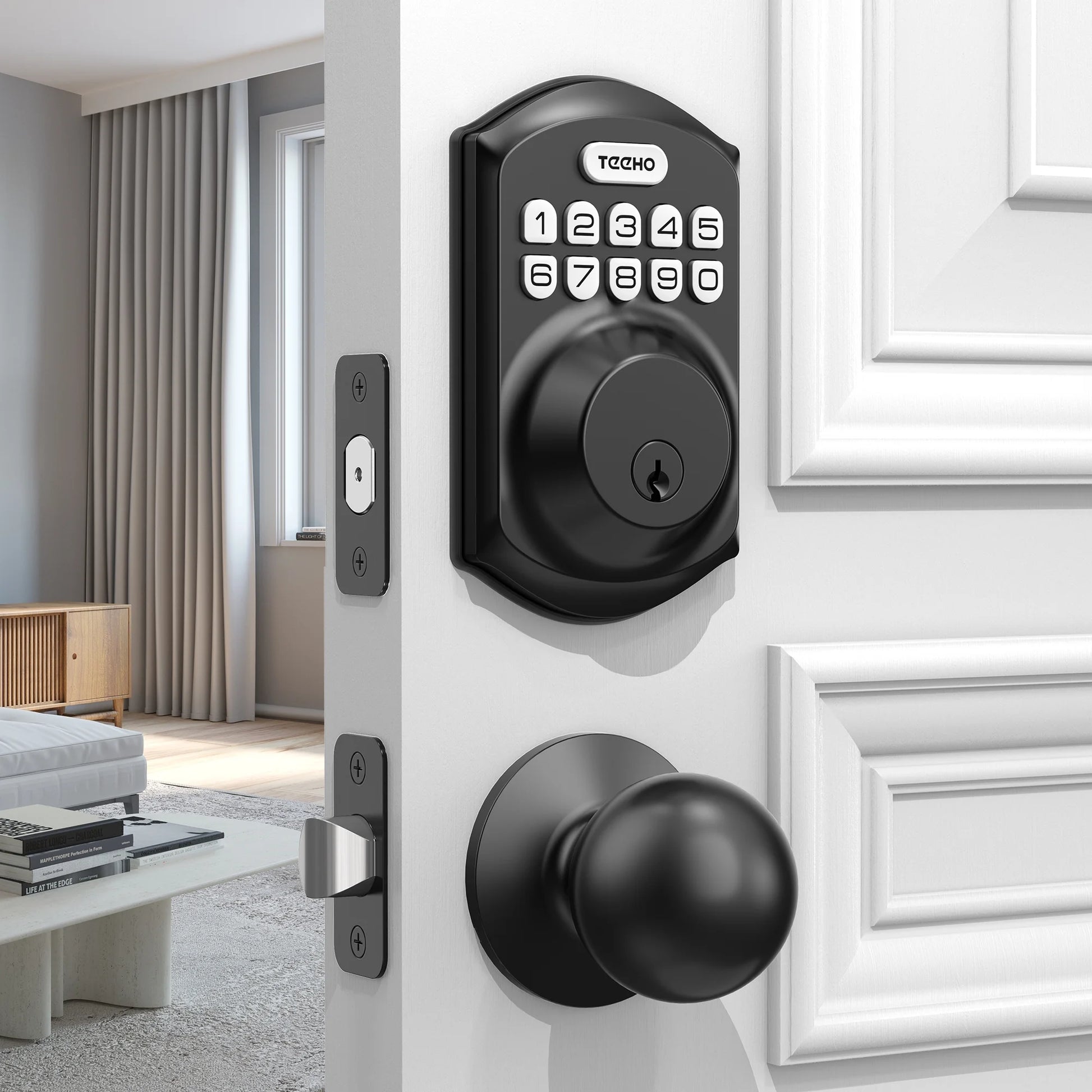 Keyless Entry Door Lock with 2 Knobs ‎Set, Keypad Deadbolt Smart Door Locks, Electronic Digital Lock for Home Front Door Easy Installation-Matte Black