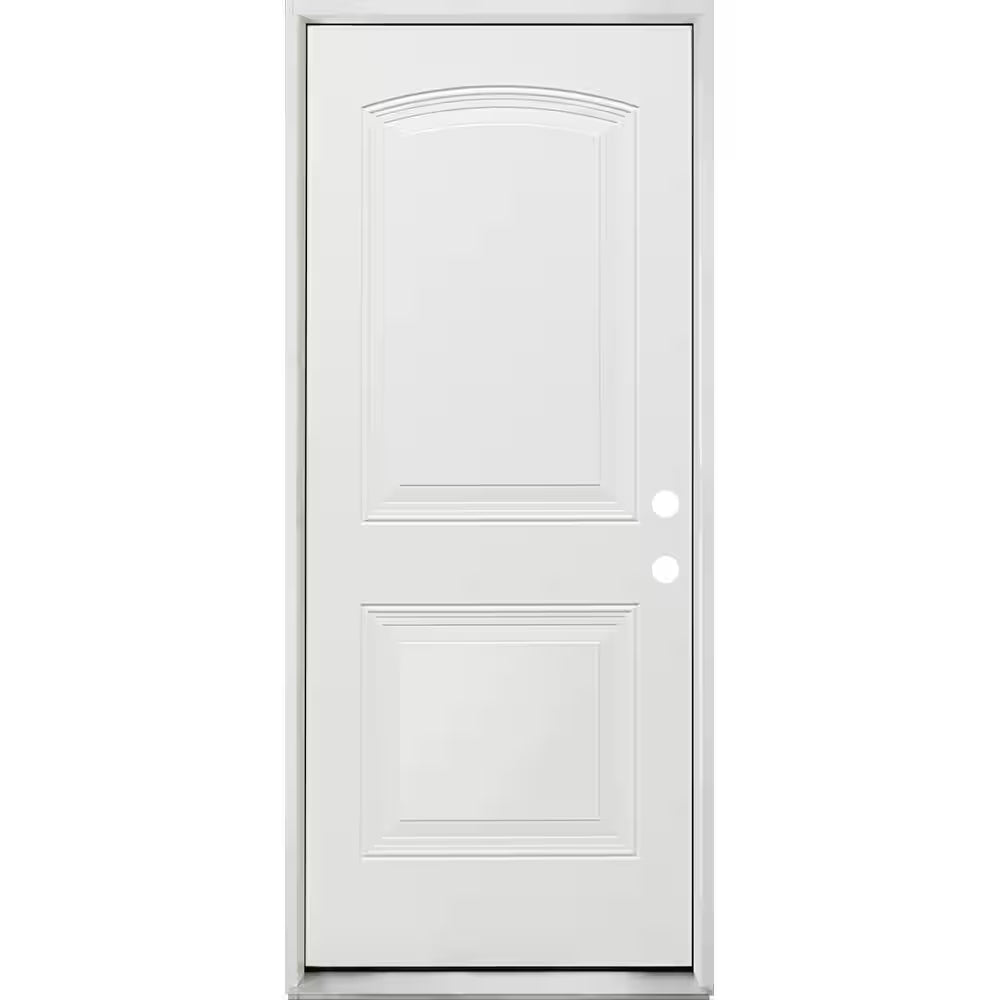 36 In. X 80 In. Element Series 2-Panel Roundtop Left-Hand Inswing Wt Primed Steel Prehung Front Door W/ 4-9/16 In. Frame