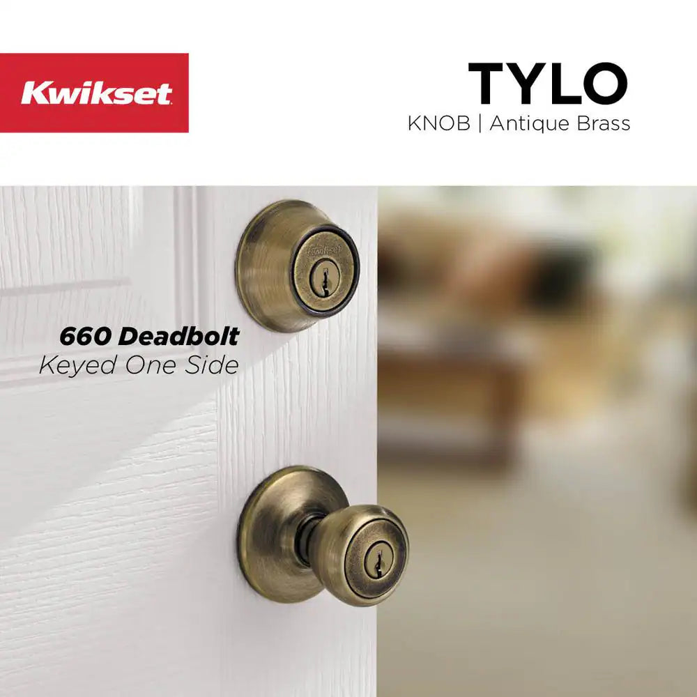 Tylo Antique Brass Entry Door Knob and Single Cylinder Deadbolt Combo Pack with Microban Antimicrobial Technology