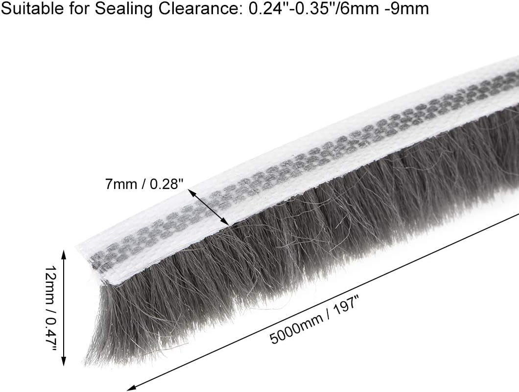 Brush Weather Stripping, Adhesive Felt Door Seal Strip Pile Weatherstrip Door Sweep Brush for Door Window 197Inch L X 0.47 Inch W (5000Mm X 12Mm) Gray