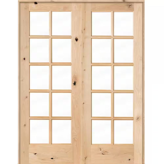 60 In. X 80 In. Rustic Knotty Alder 10-Lite Low-E Glass Both Active Solid Core Wood Double Prehung Interior Door