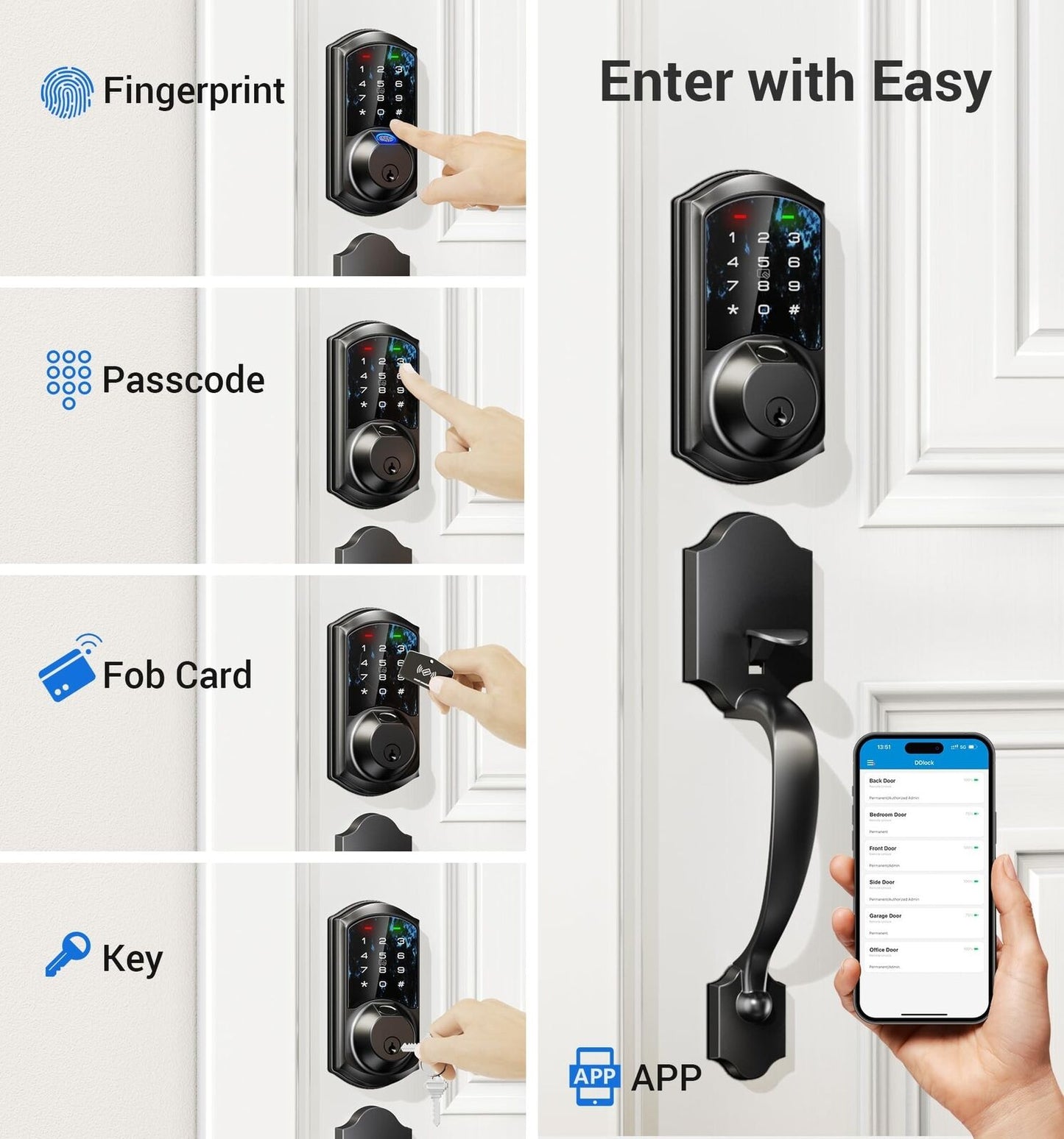 Veise Fingerprint Smart Locks for Front Door with Handle Set, App Control, Ke...