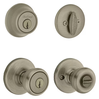 Tylo Antique Brass Entry Door Knob and Single Cylinder Deadbolt Combo Pack with Microban Antimicrobial Technology