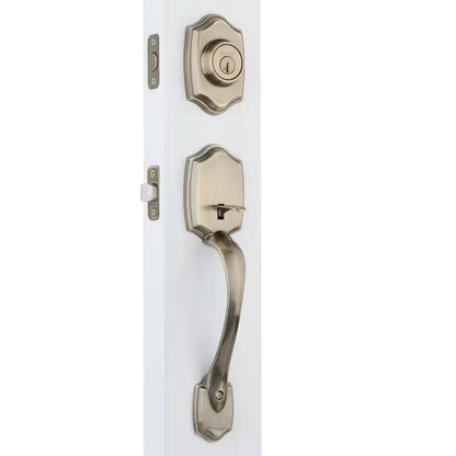 Belleview Antique Brass Single Cylinder Door Handleset with Tylo Door Knob Featuring Smartkey Security