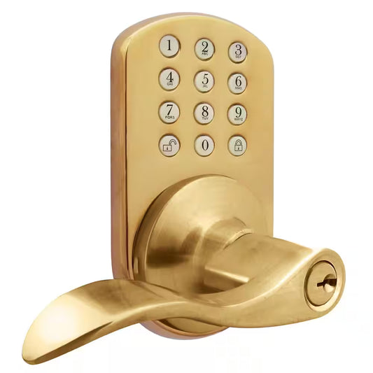 Polished Brass Keyless Entry Lever Handleset Door Lock with Electronic Digital Keypad