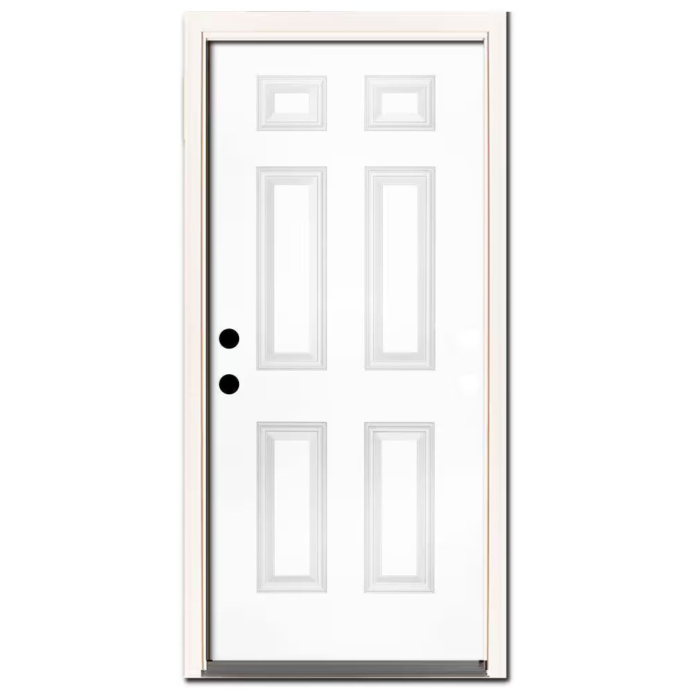 36 In. X 80 In. Element Series 6-Panel White Primed Steel Prehung Front Door Right-Hand Inswing W/ 4 In. Wall