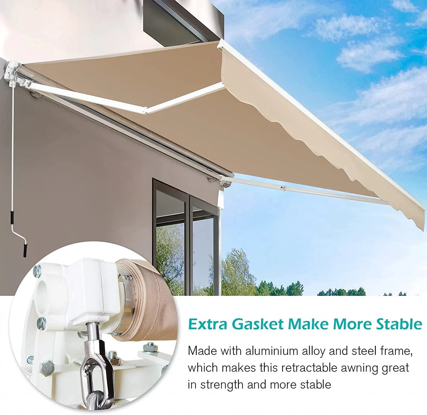 13' X 8' Manual Retractable Patio Awning,Outdoor Awning Retractable Sunshade Shelter-Beige