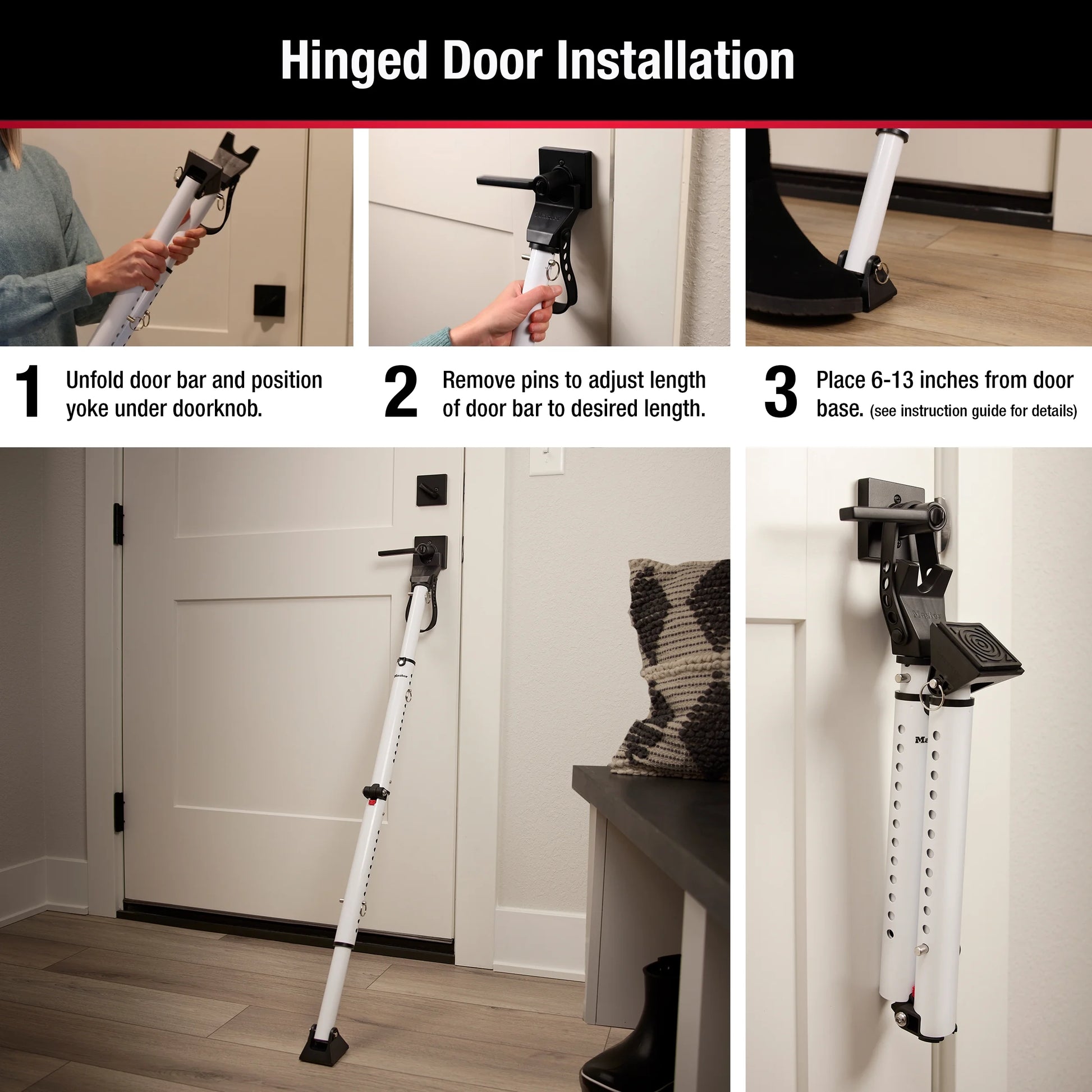 Compact Door Stopper Folding Security Bar, Adjustable for Hinged and Sliding Doors, White