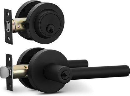 Entry Lever Door Handle and Single Cylinder Deadbolt Lock and Key Sleek round Locking Lever Handle Set [Front Door or Office] Right & Left Sided Doors Heavy Duty – Iron Black Finish