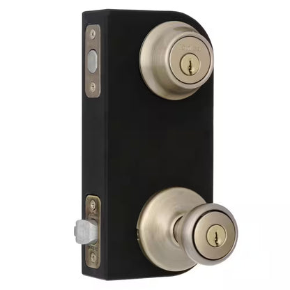 Tylo Antique Brass Entry Door Knob and Single Cylinder Deadbolt Combo Pack with Microban Antimicrobial Technology