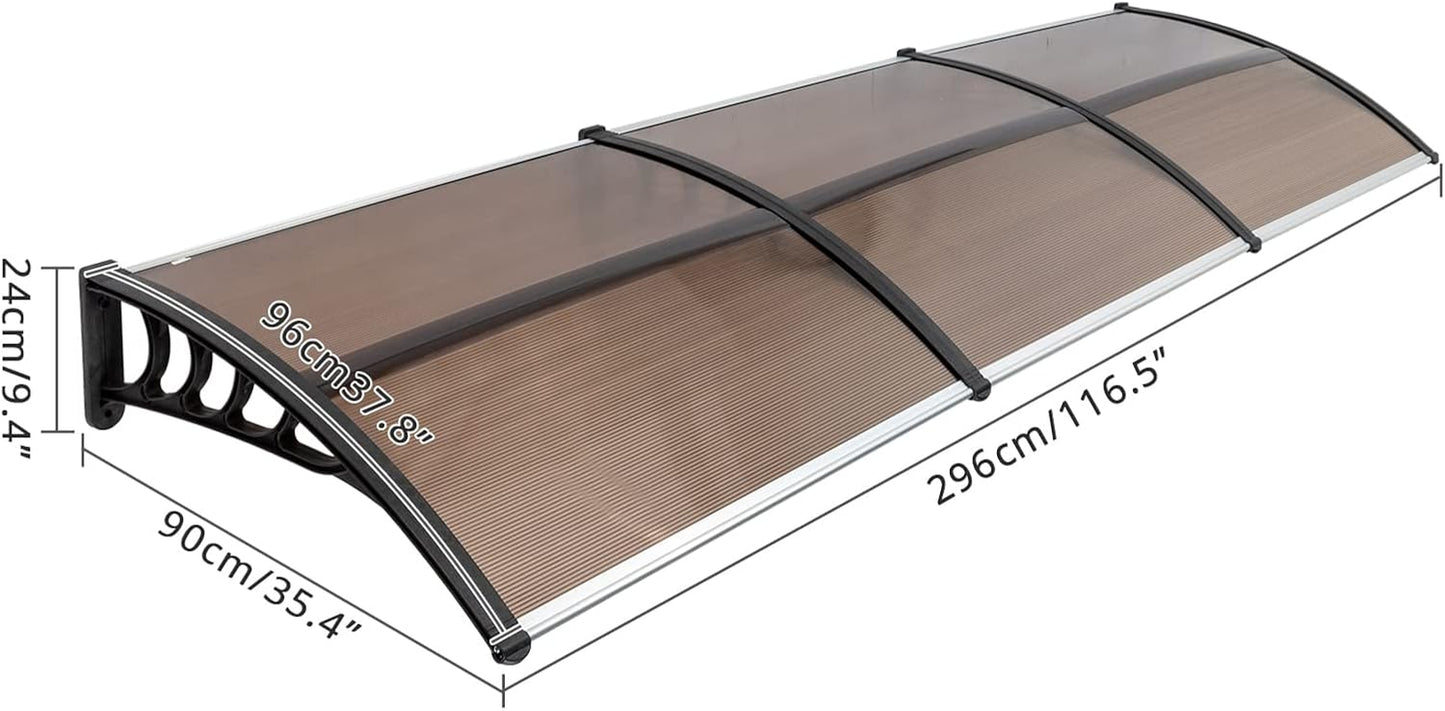 Window Awning Door Canopy 117"X35.4", Polycarbonate Cover Front Door Outdoor Patio Awning Canopy UV Rain Snow Sunlight Protection Hollow Sheet, Brown Board & Black Bracket