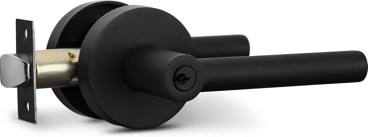 Entry Lever Door Handle and Single Cylinder Deadbolt Lock and Key Sleek round Locking Lever Handle Set [Front Door or Office] Right & Left Sided Doors Heavy Duty – Iron Black Finish