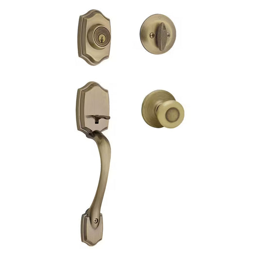 Belleview Antique Brass Single Cylinder Door Handleset with Tylo Door Knob Featuring Smartkey Security