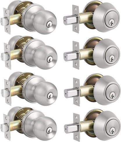 4 Pack All Keyed Same Entry Door Knobs with Single Cylinder Deadbolt for Exterior Front Door, Satin Nickel Finish, Keyed Alike