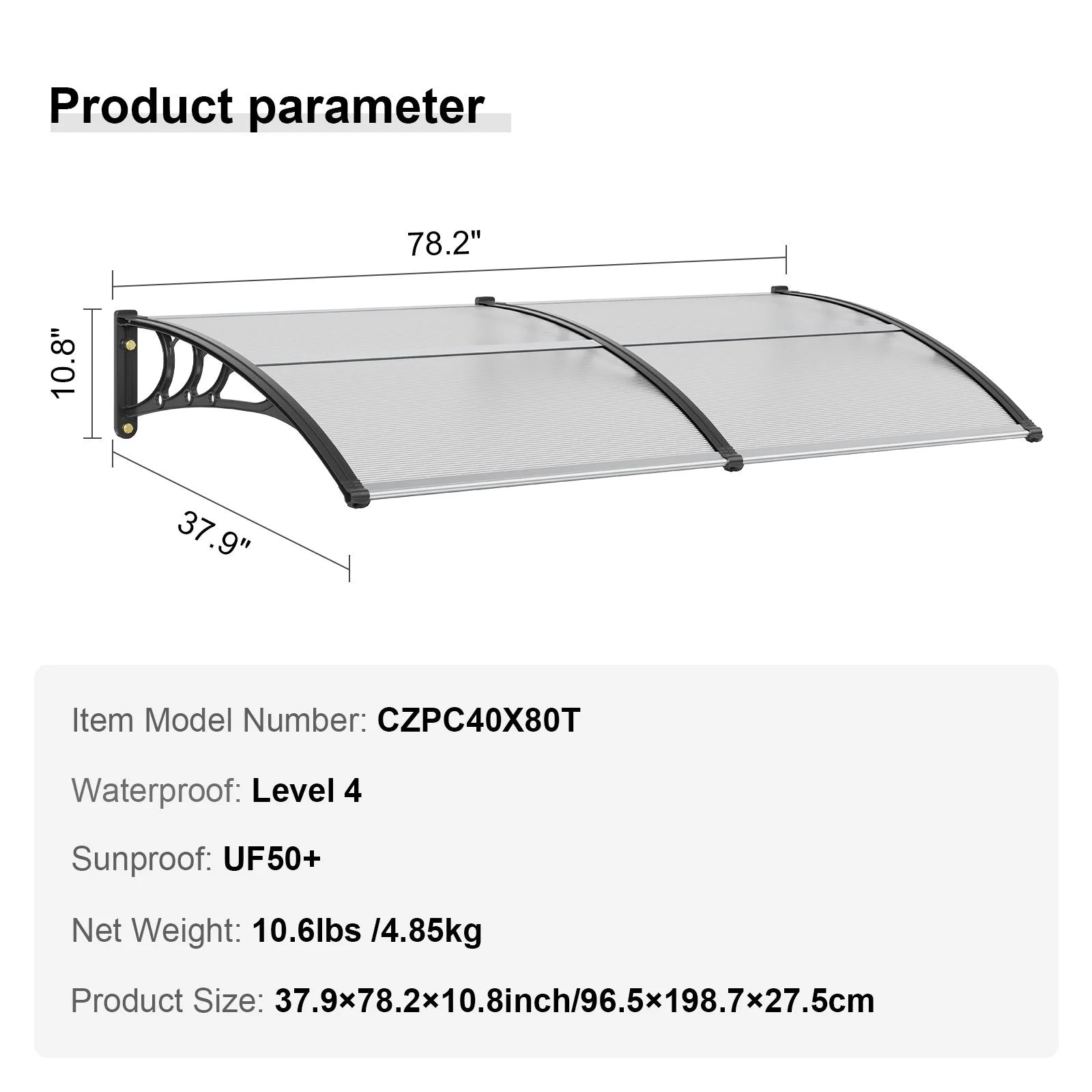 VEVOR Window Door Awning Canopy 40" X 80", UPF 50+ Polycarbonate Entry Door Outdoor Window Awning Exterior, Front Door Overhang Awning for Sun Shutter, UV, Rain, Snow Protection, Hollow Sheet