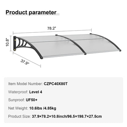 VEVOR Window Door Awning Canopy 40" X 80", UPF 50+ Polycarbonate Entry Door Outdoor Window Awning Exterior, Front Door Overhang Awning for Sun Shutter, UV, Rain, Snow Protection, Hollow Sheet