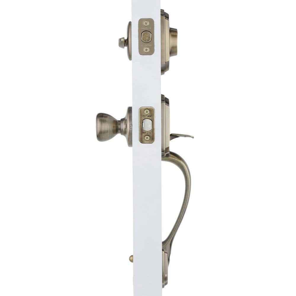 Belleview Antique Brass Single Cylinder Door Handleset with Tylo Door Knob Featuring Smartkey Security