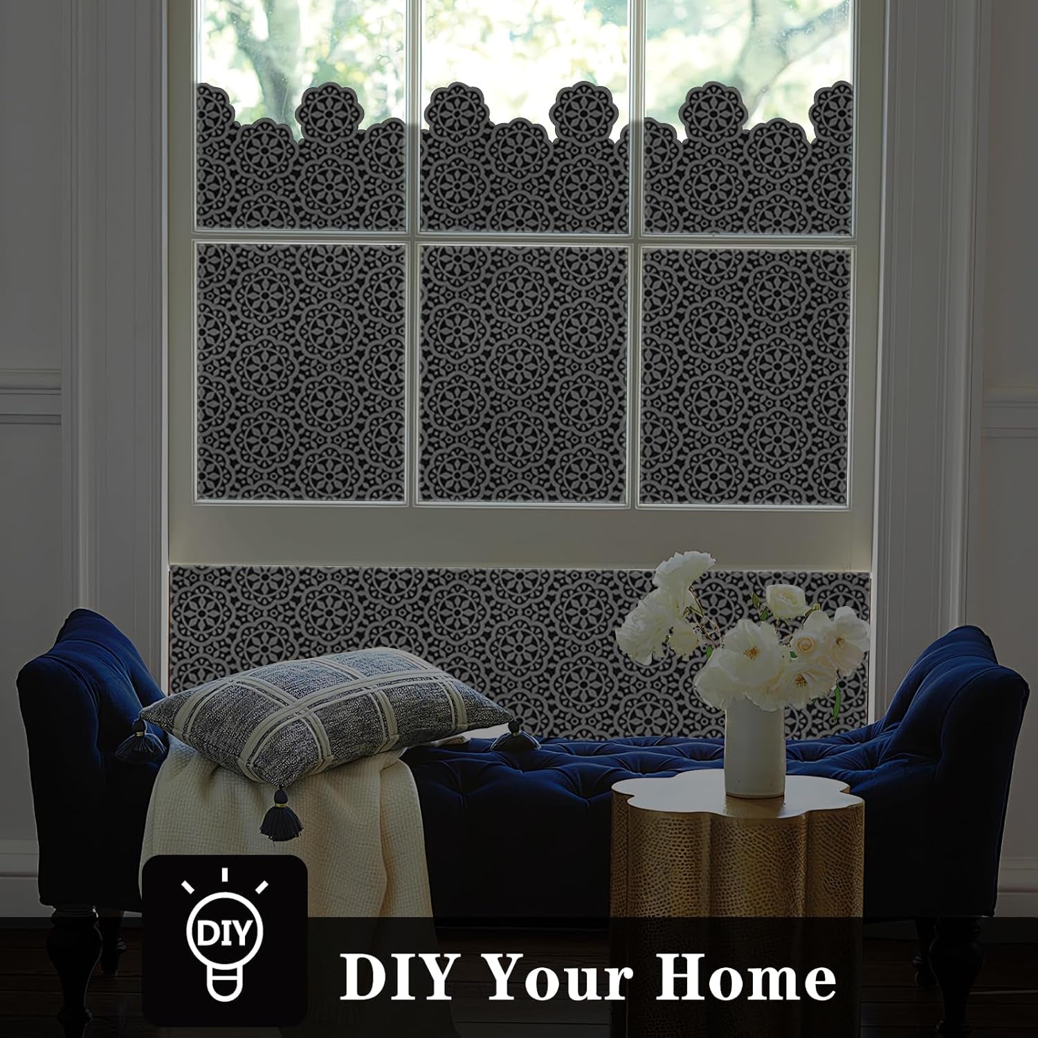 Blackout Privacy Window Film Full Shade Opaque UV Resistant Static Cling Glass Covering Non-Adhesive Removable Home Office Decor, Black Snowflake Lace Frosted Design, 11.81" X 78.74"