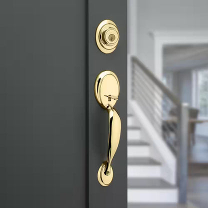 Dakota Polished Brass Single Cylinder Door Handleset with Tylo Door Knob Featuring Smartkey Security