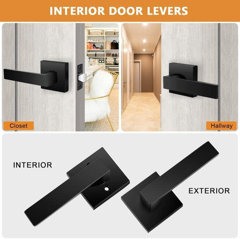 Matte Black Passage Door Levers Square Hall Closet Handles, Heavy Duty Interior Non-Locking Lever Sets, Reversible for Right & Left Side, 6 Pack