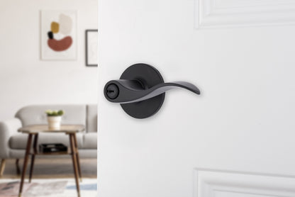 Keyed Entry Modern Wave Style Lever Doorknob with Pro-Guard, Matte Black Finish