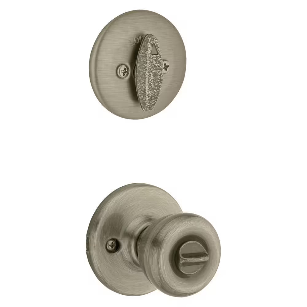 Tylo Antique Brass Entry Door Knob and Single Cylinder Deadbolt Combo Pack with Microban Antimicrobial Technology