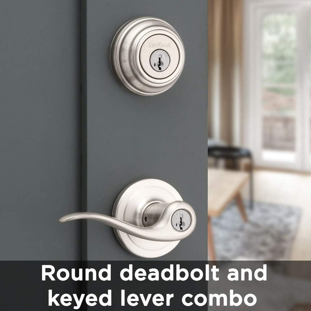 991 Tustin Entry Lever and Single Cylinder Deadbolt Combo Pack Featuring Smartkey in Satin Nickel, Model Number: 99910-040