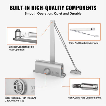 187Lbs Commercial Door Closer Heavy Duty Residential Hydraulic Auto Silver