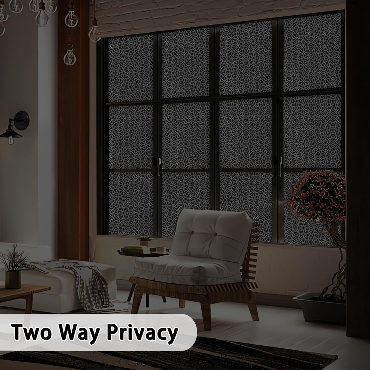 Blackout Privacy Window Film Full Shade Opaque UV Resistant Static Cling Glass Covering Non-Adhesive Removable Home Office Decor, Black Snowflake Lace Frosted Design, 11.81" X 78.74"