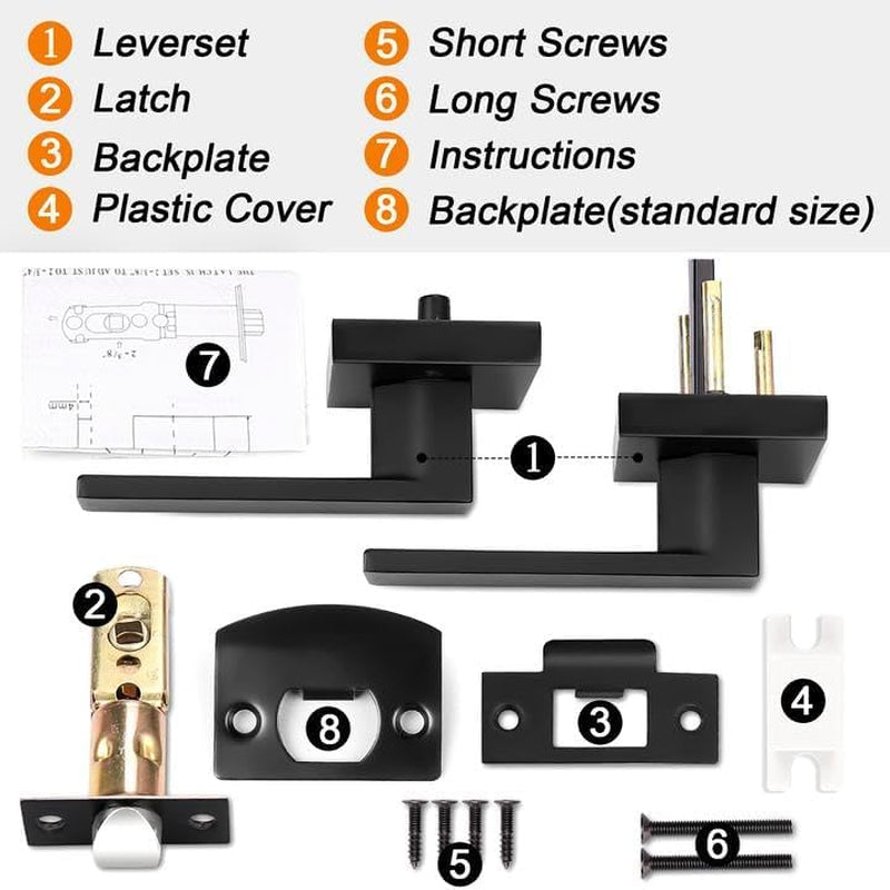 Matte Black Passage Door Levers Square Hall Closet Handles, Heavy Duty Interior Non-Locking Lever Sets, Reversible for Right & Left Side, 6 Pack