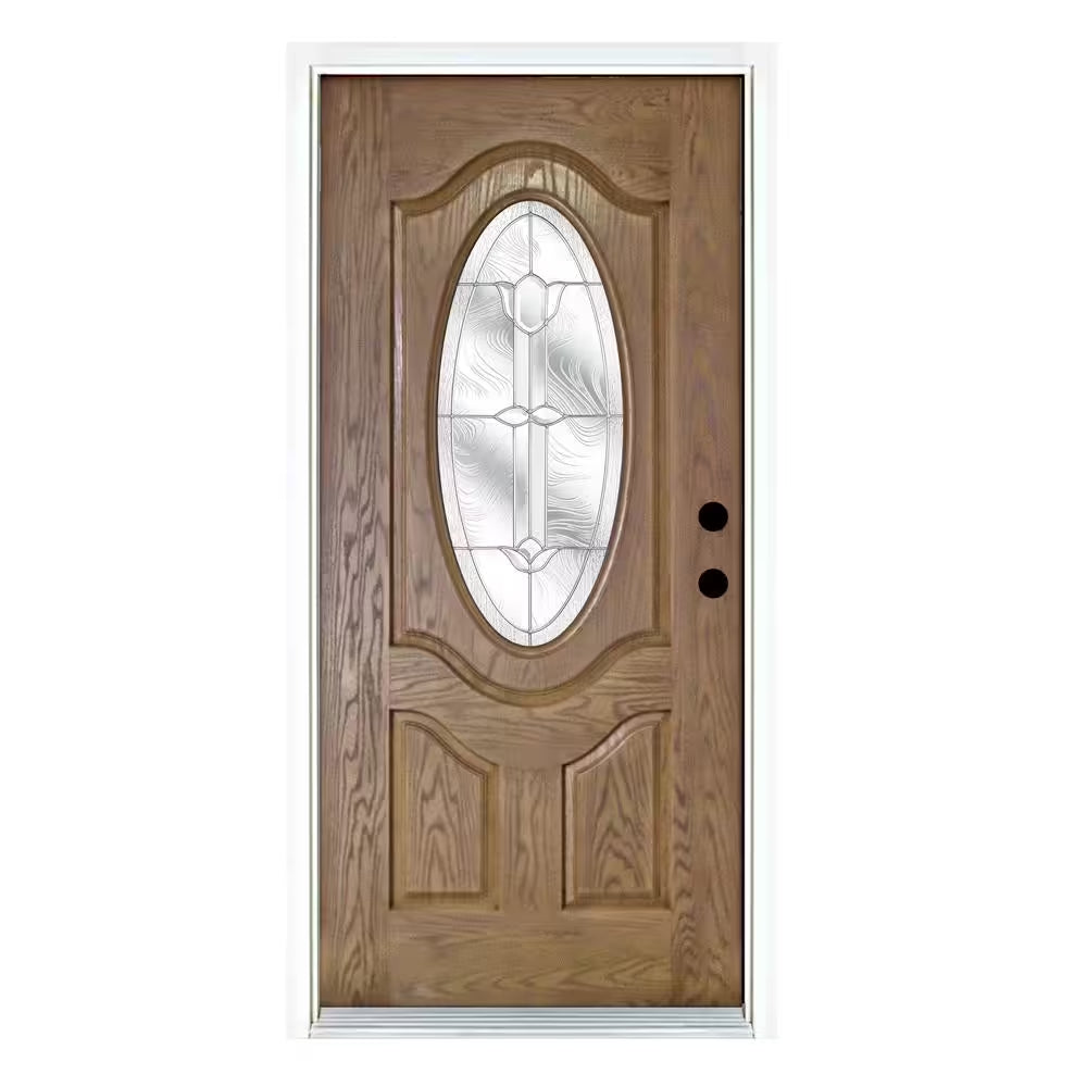 36 In. X 80 In. Flores Medium Oak Left-Hand Inswing 3/4 Oval Lite Decorative Fiberglass Prehung Front Door