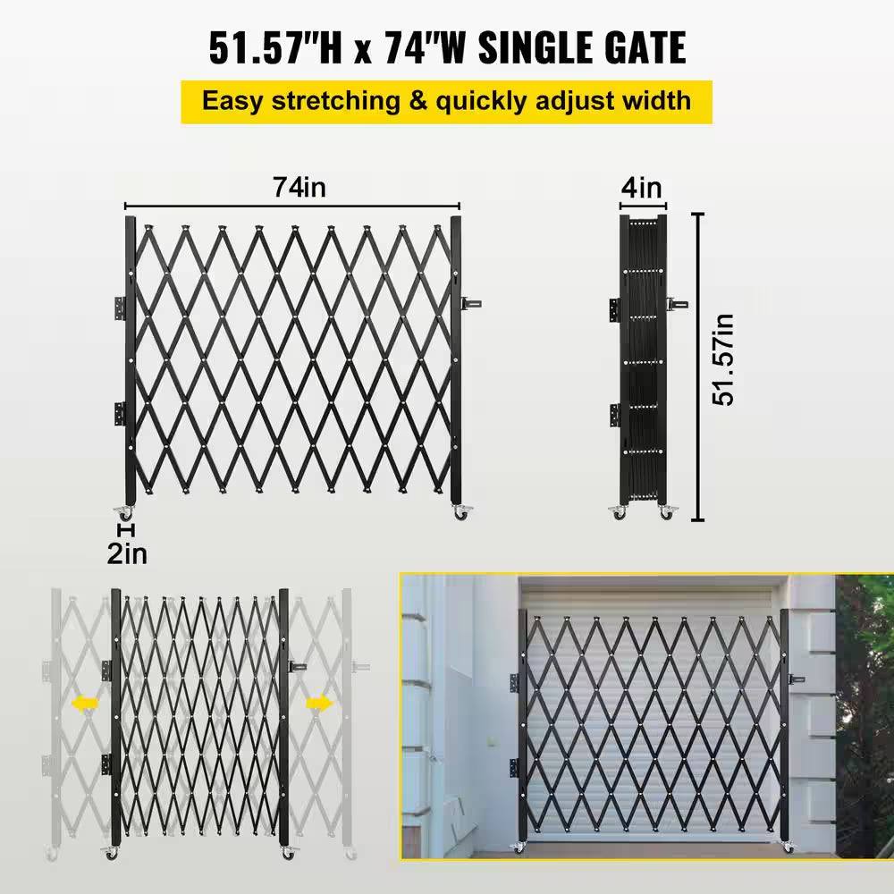 Single Folding Security Gate 51.57 In. H X 74 In. W Steel Accordion Fold Door Gate with Padlock Garden Fence