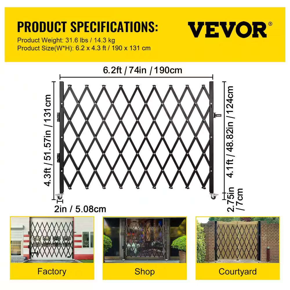 Single Folding Security Gate 51.57 In. H X 74 In. W Steel Accordion Fold Door Gate with Padlock Garden Fence